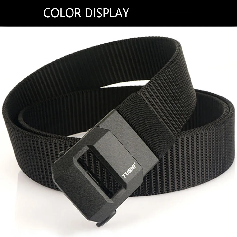 TUSHI Brand Classic High-End Elongated Thickened Men's Tactical Nylon Waist Belt Toothless Smooth Automatic Buckle Canvas Nylon