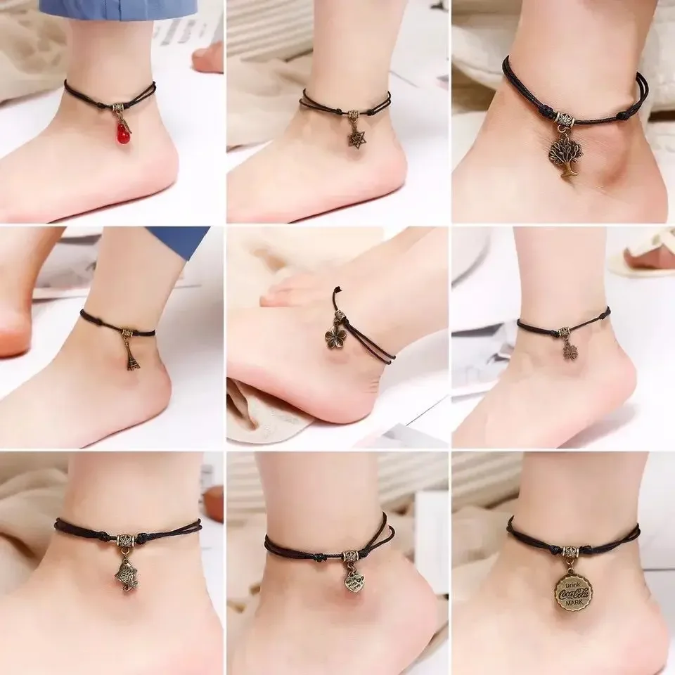 Personalized Male and Female Couple Internet Celebrity Anklets Retro Style Creative Black Wax Rope Braided Student Anklets