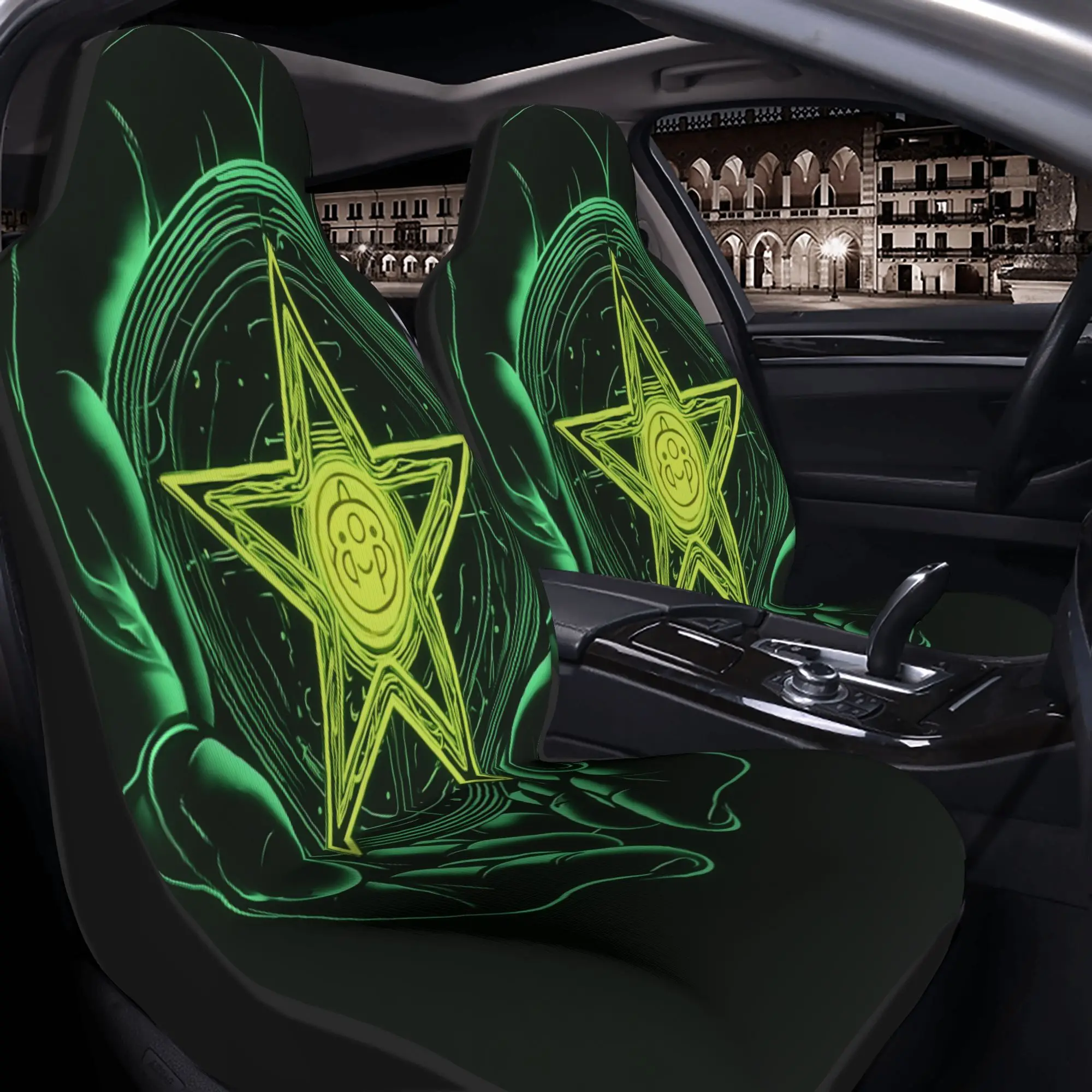 2pcs Mystic Green Star With Alien Symbol In Hands, Glowing Occult ArtworkCar Seat Covers, Suitable For All Vehicles, Christmas G