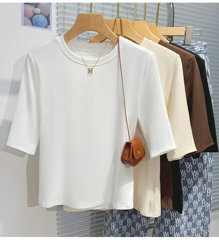 zjaiss 2026 Frühling Herbst Baumwolle Damen T-Shirt Modisches Basic Rundhals-Shirt Einfarbiges Damen Kurzarm-Oberteil – Detail 4