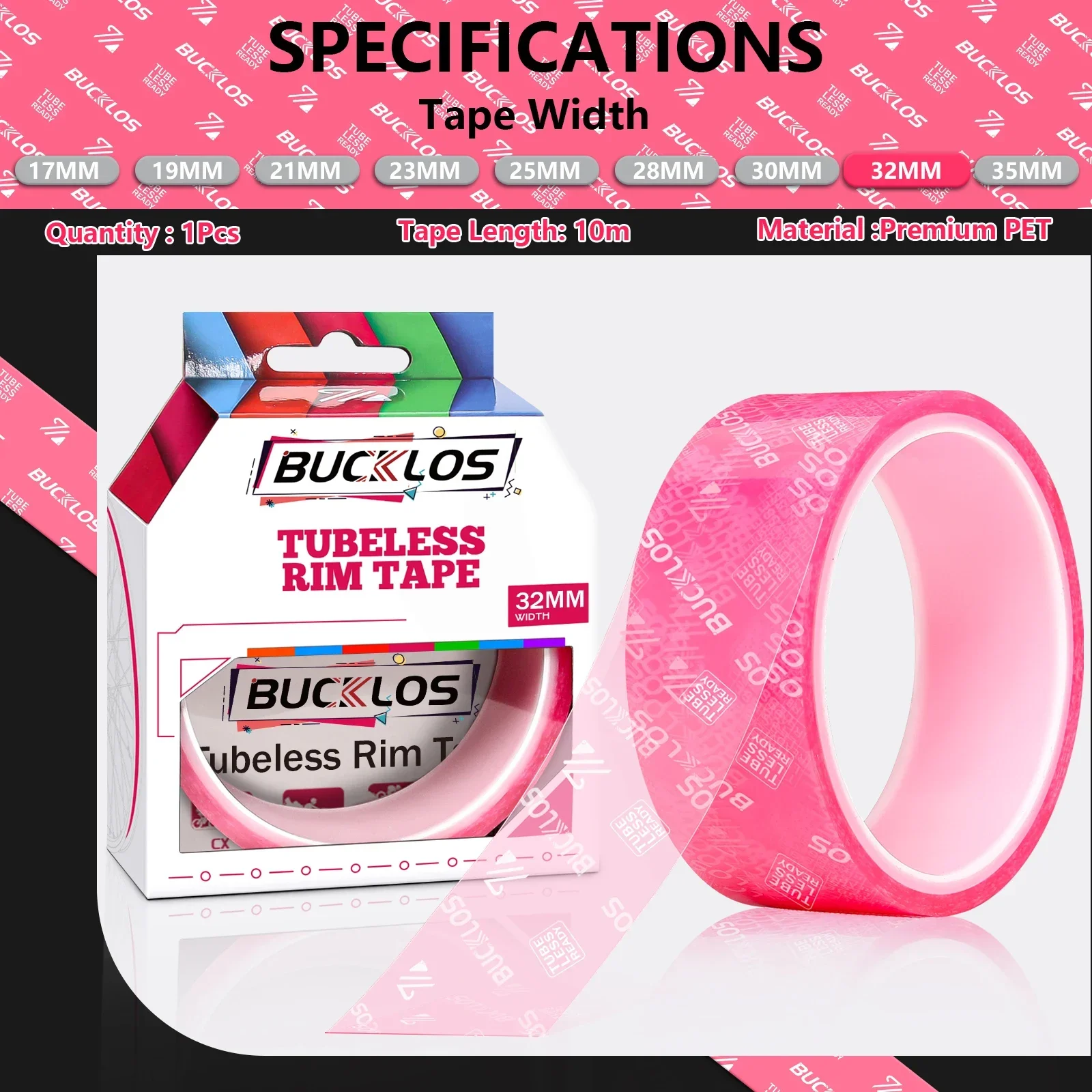 Bucklos 10m Fahrrad Tubeless Felgen band 17-32mm rosa Fahrrad Felgen streifen Bänder Tubeless Reifen Innen bänder für MTB Rennrad Räder