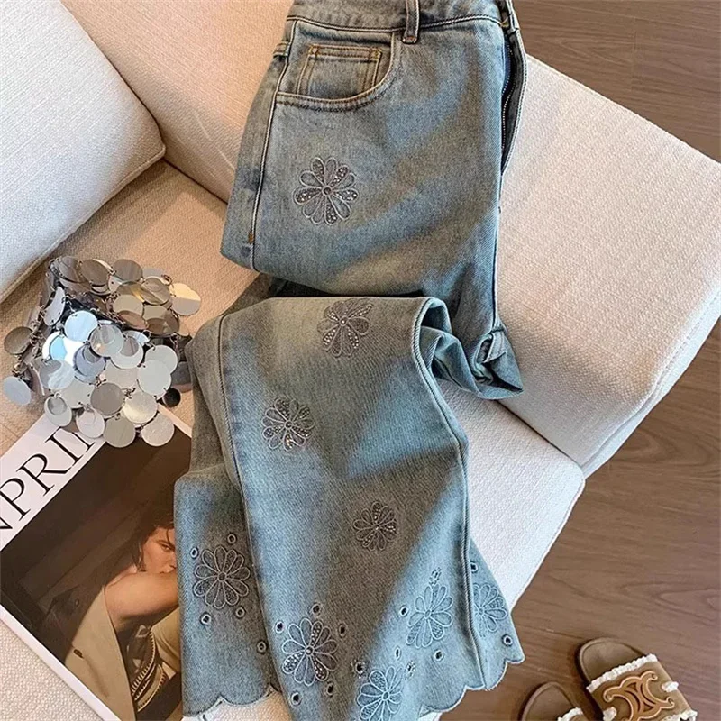 

Korean 2025 Summer New Embroidered High Waist Wide Leg Jeans Pants Women's Temperament All-Match Casual Cowboy Pants Ladies