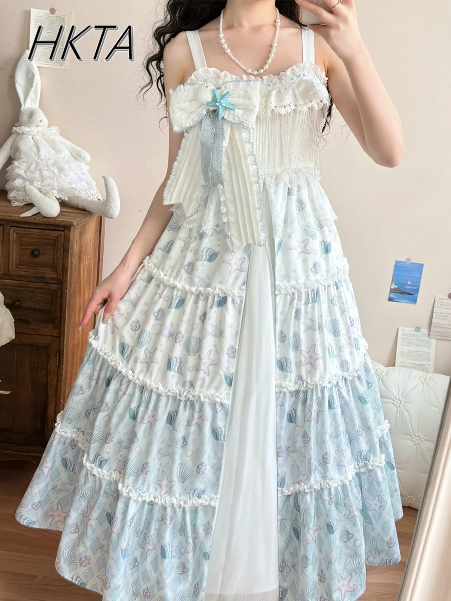 

Sweet Cute Cake Lolita Dresses Girls 2025 Summer Gentle Temperament Print Lace Fungus Blue White Long Suspender Dresses Women