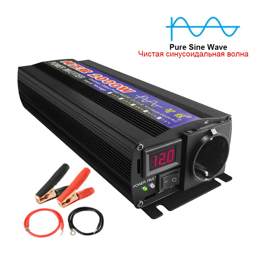 Pure Sine Wave Power Inverter 2000W 12v 220v Voltage Converter DC to 240v AC Car Solar Inverter Power Supply European Socket