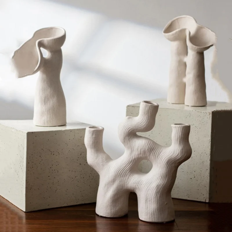 Florero de cerámica abstracto, gres irregulares, hueco, geométrico, abierto, florero, arreglo floral, accesorios, decoración del hogar