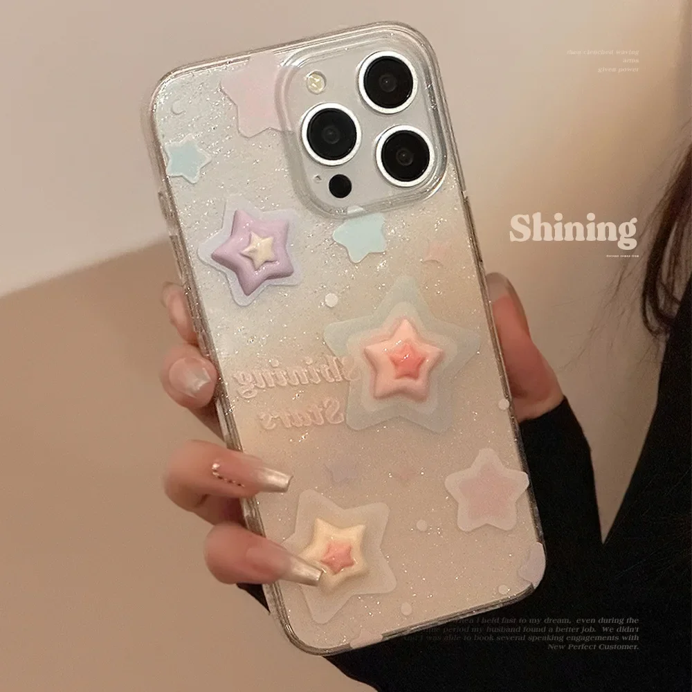 Simple Style Shining 3D Colored Stars Phone Case for IPhone16 15 14 12 13 11 Pro ProMax Plus X XR Shockproof Phone Cover