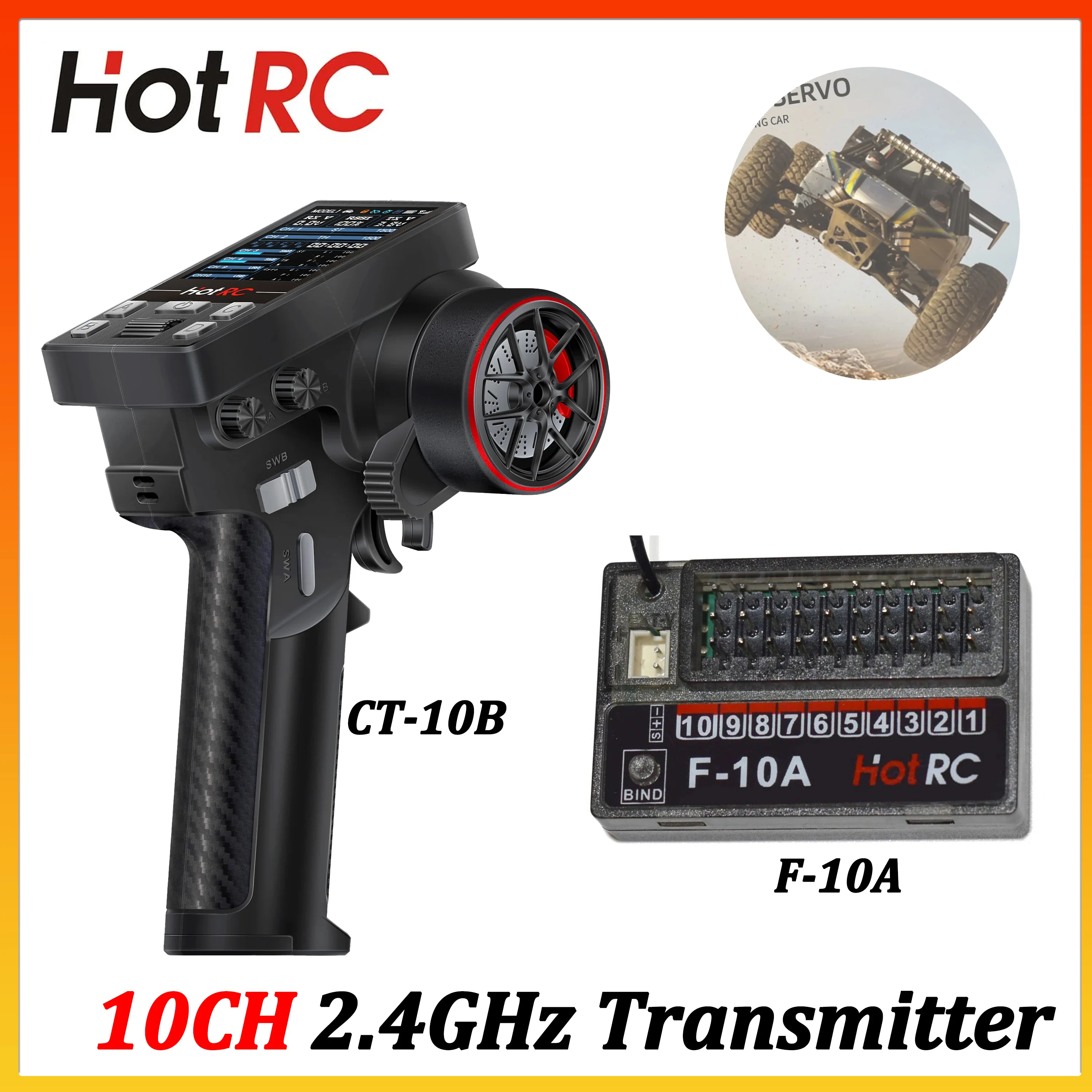 HOTRC 10CH 2.4GHz Radio Transmitter CT-10B Metal Handwheel Remote Controll with F-10A Receiver for RC Cars Boat Model Wltoys