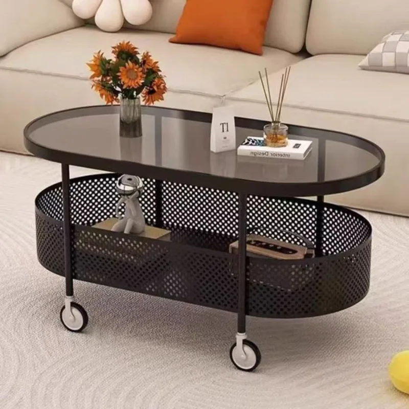 

Cream white tempered glass side table, small apartment type home living room, wheeled creative wrought iron table