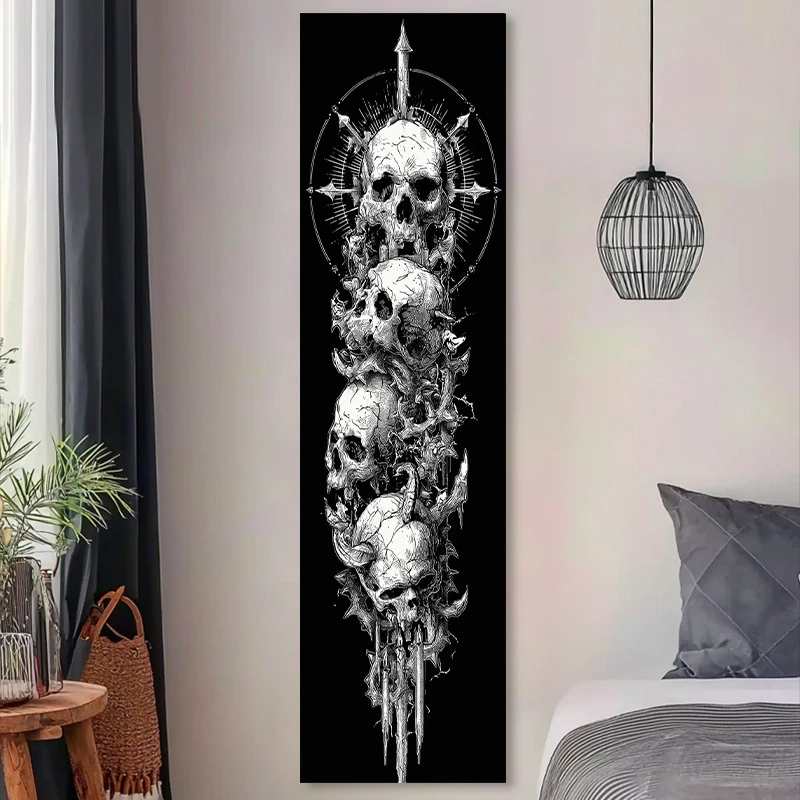 VIKAMA Vertical Skull and Thorns Tapestry, Soft Wallcovering with Sketched Skull, Starburst, Cross, and Ring Print, Home Decor