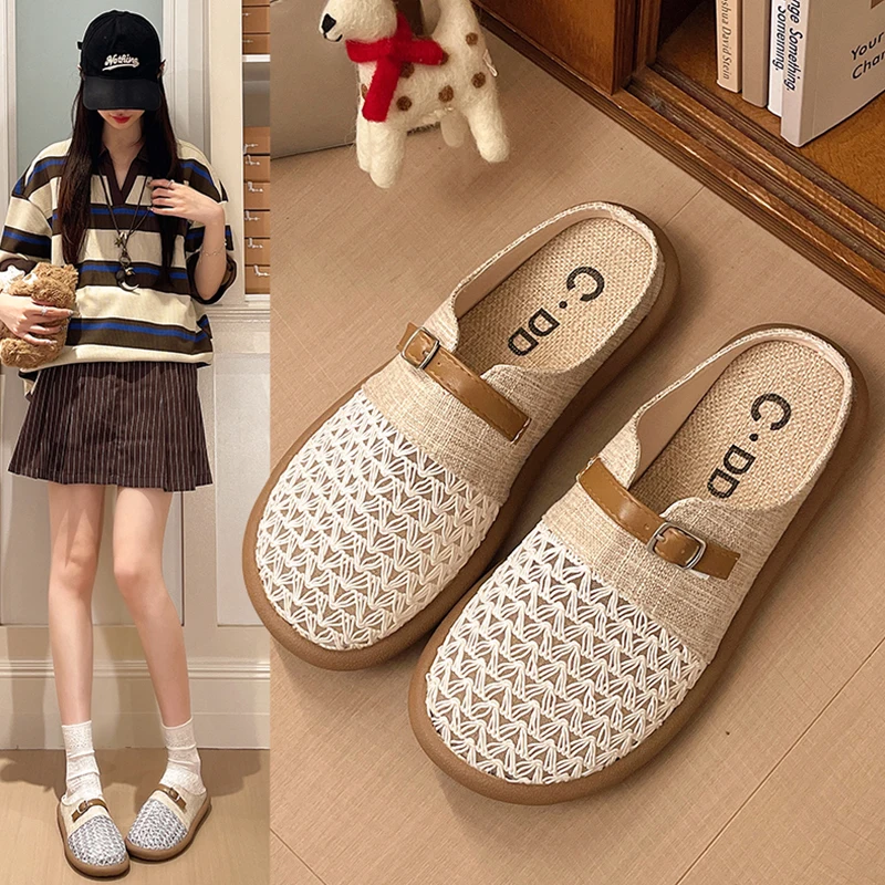 

Linen Hollow out Bread Head Semi Slippers Women Summer Outdoor Wear 2026 New Slip on Soft Flat Bottom Pregnant Sandals