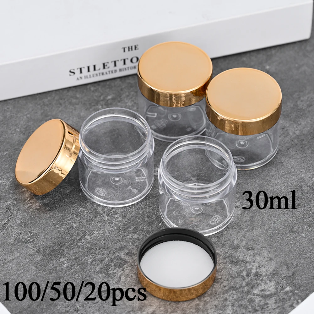 30ml(1oz) Gold Lid Nail Empty Bottle 20/50pcs Nail Powder Container Clear Cosmetic Sample Pots Nails Powder Jewelry Bottles #GTR