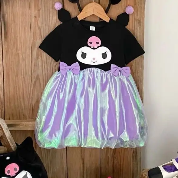Sanrio Kawaii Kuromi Cartoon Girls Mesh Bud Dress Summer Anime Girly Heart Cute Sweet Kids Abito da principessa a maniche corte