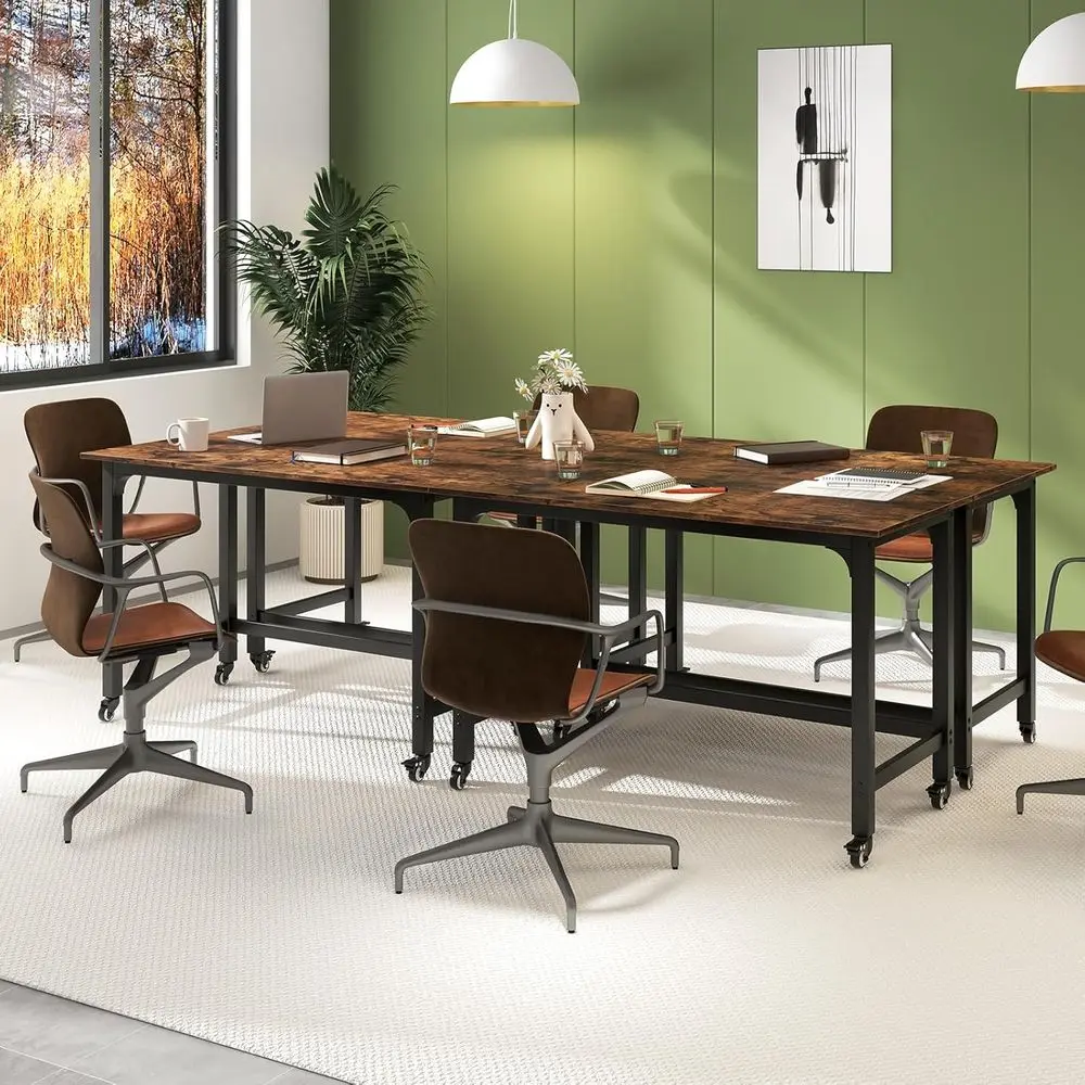 

Современный семенационный стол рустикально-коричневого цвета длиной 8 футов с 4 мобильными 48 прямоугольными столами, сумкой для хранения и крючками для офисной конференции