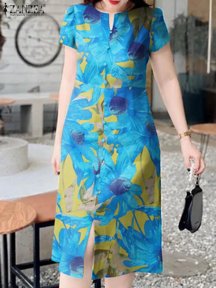 

ZANZEA 2024 Summer Short Sleeve Dresses Women Printed Midi Dress Fashion Cotton Colorful Vestidos Casual Loose Buttons Sundress