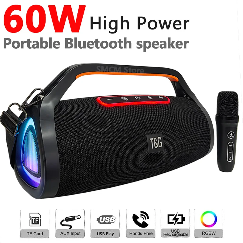 

60W High Power Bluetooth Speaker TWS Portable Column Waterproof RGB Colorful Flashing Light Subwoofer caixa de som TG417 TF USB