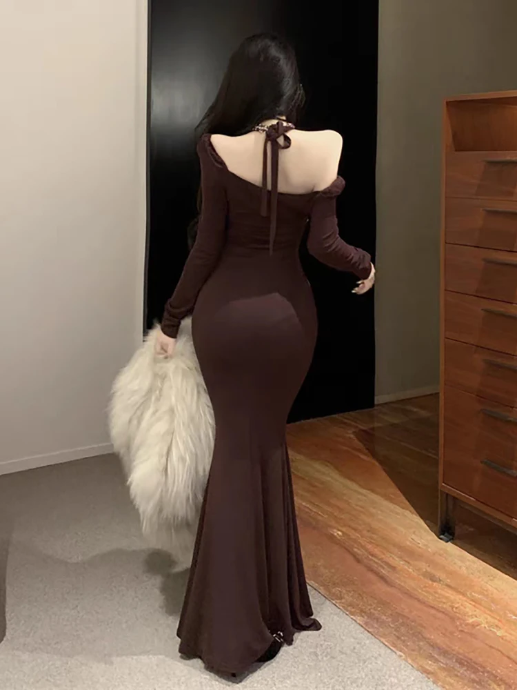 RORORIRI Retro Patchwork Diamond Halter Dress Women Long Sleeves Pleated Slim Mermaid Bodycon One-piece Grayu Evening Party Gown