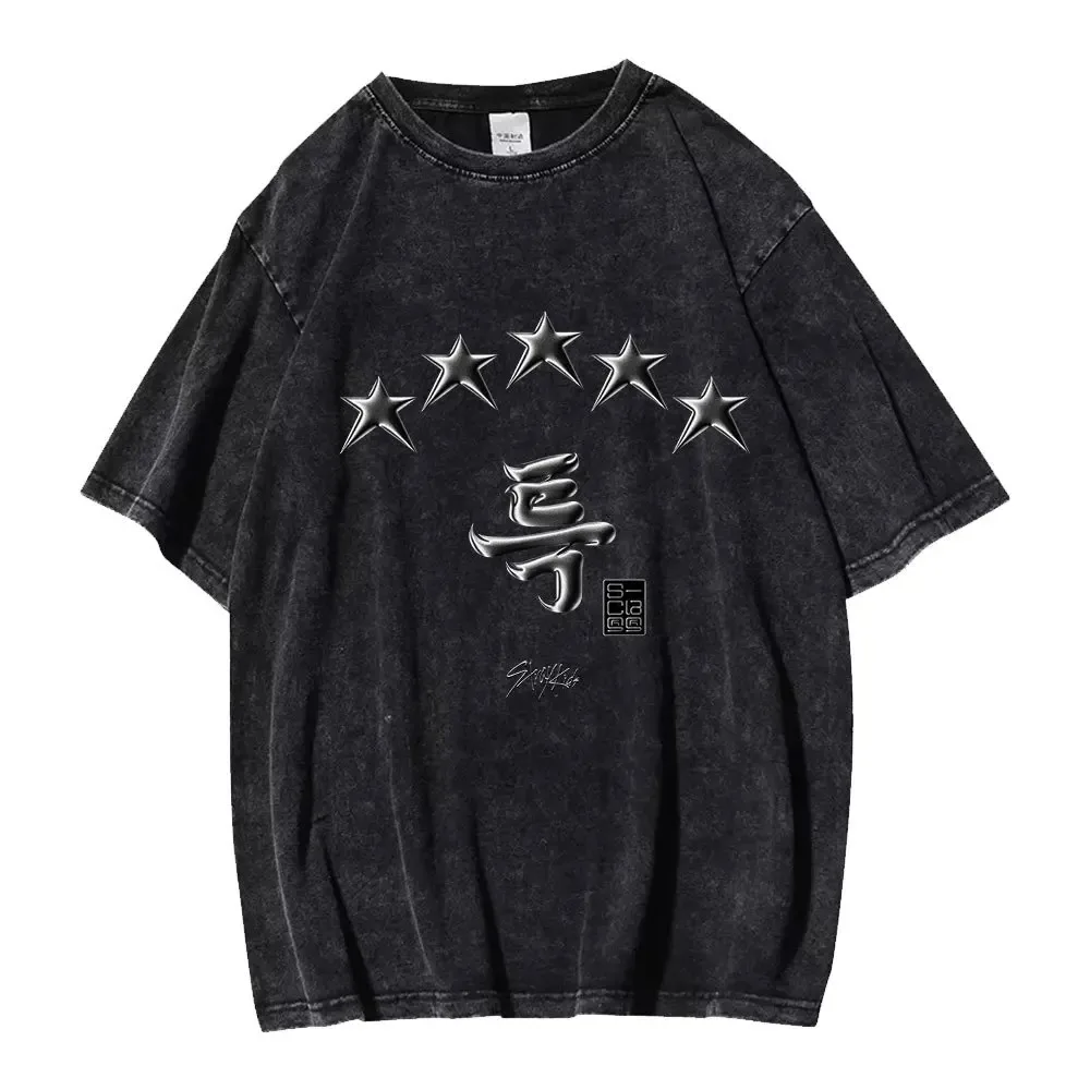 Kpop Street Kids New Album 5 Stars Printed T-shirt Washed Black Personality Short Sleeve Fashion Casual Wear Boys and Girls