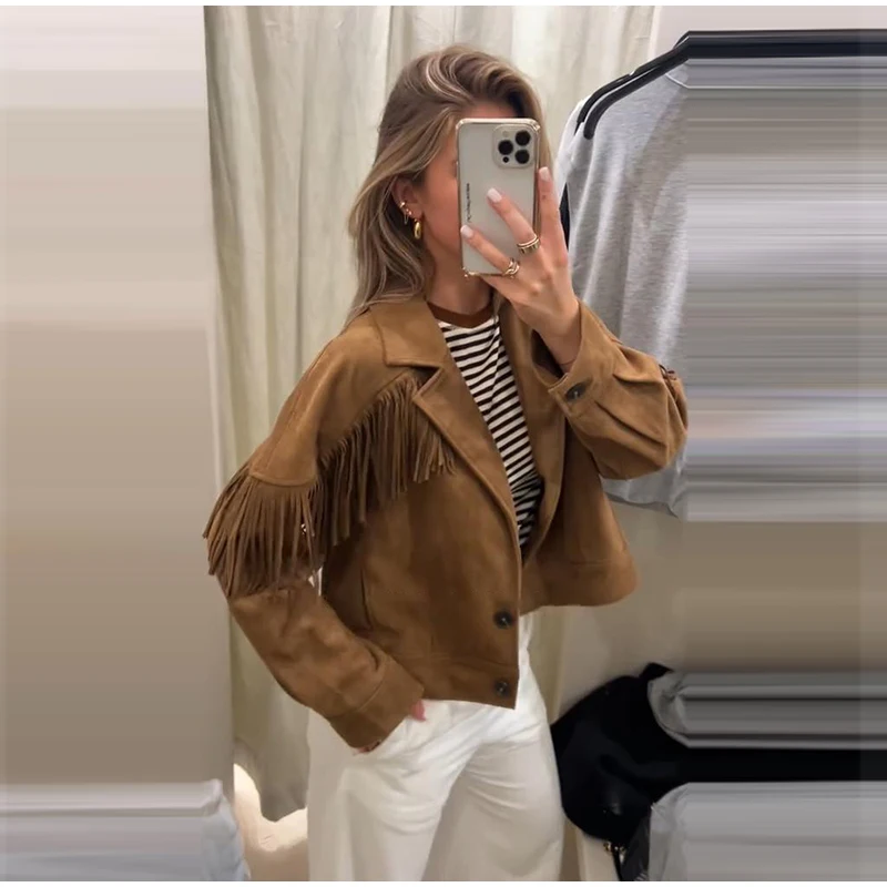 Damen-Wildlederjacken mit Übergroßem Revers und Quasten, Einreihige Kurze Mäntel, Herbst-Damenjacke mit Langen Ärmeln, Neue Oberbekleidung – Detail 14