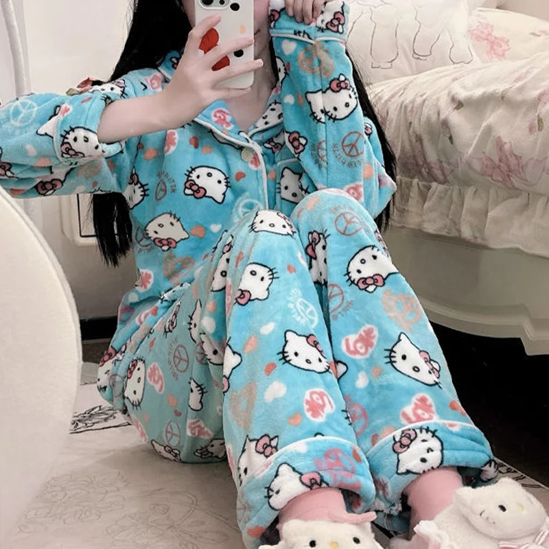 Sanrioed Japanese Cartoon Hello Kittys Pajamas Woman Keep Warm Flannel Autumn Winter New Kawaii Sweet Home Wear Nightgown Suit