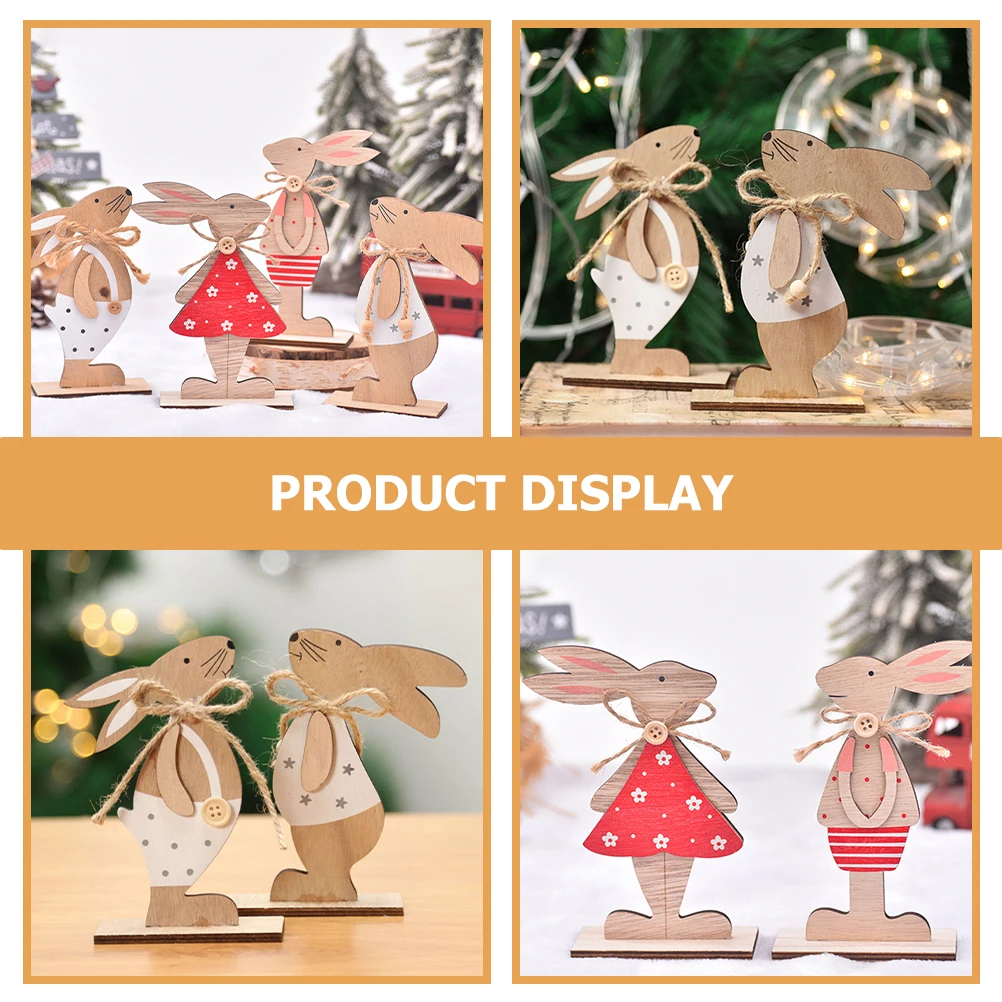 

4pcs Wooden Rabbit Ornaments Home Decor Bunny Tabletop Decor Red Pants Skirt White Vest Overalls Cartoon Animal