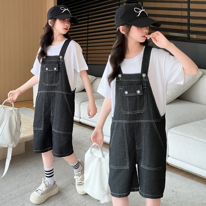 

Kids Casual Overalls Shorts Summer New Children Black Color Denim Shorts with Straps Baby Girls Fashionable Jumpsuit Bib Jeans
