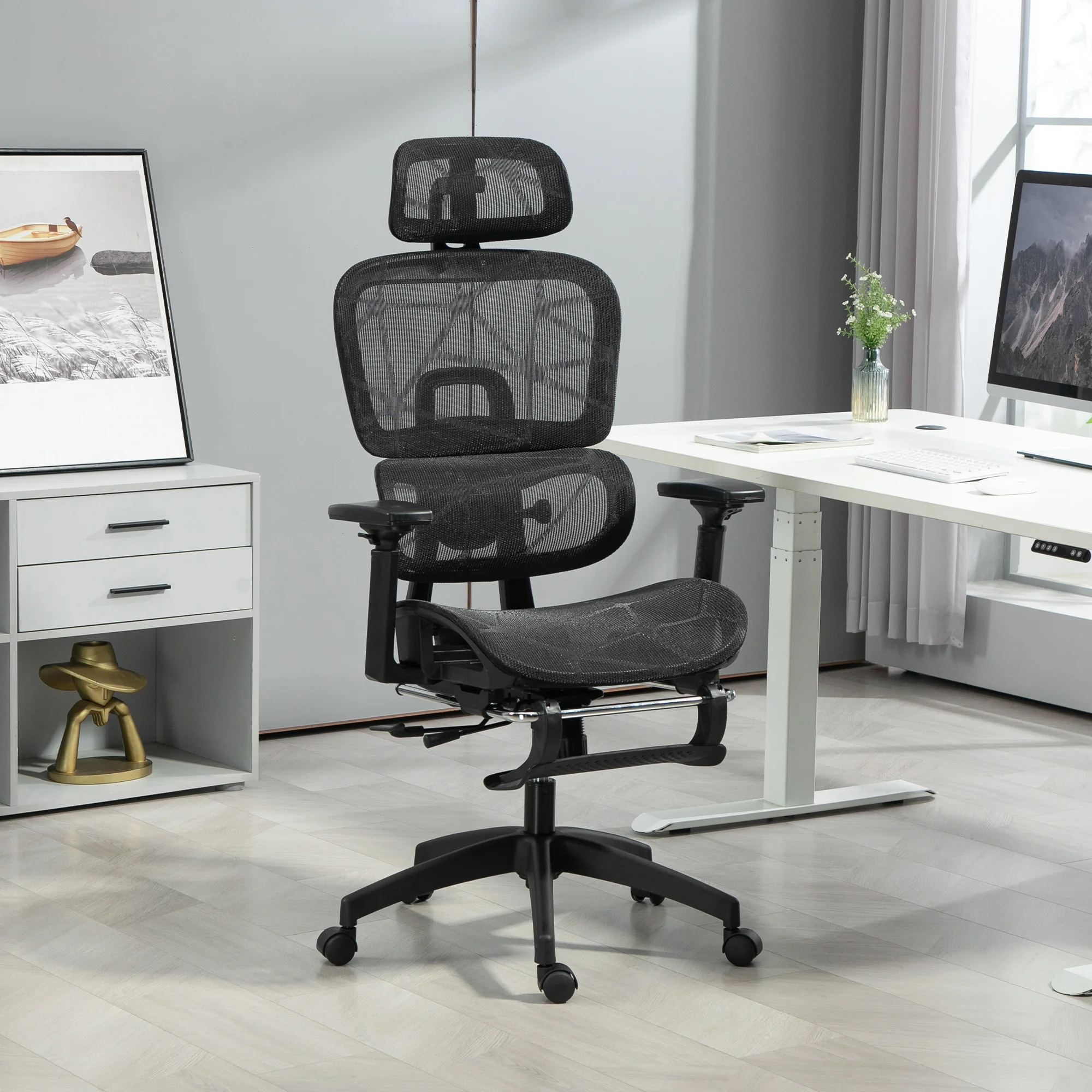 Chaise de bureau, chaise de bureau ergonomique avec revêtement en maille, réglable, pliable, avec accoudoirs, appui-tête, noir