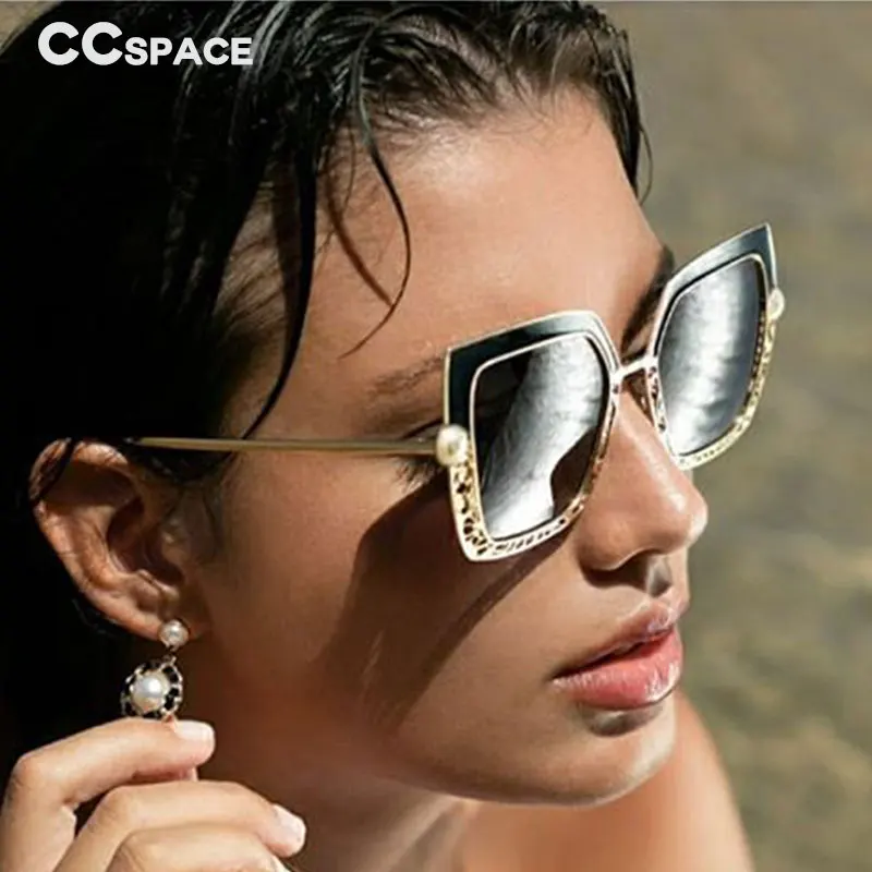 46548 Women Luxury Sunglasses Pearl Hollow Fashion Brand Shades Uv400 Vintage Cat Eye Glasses