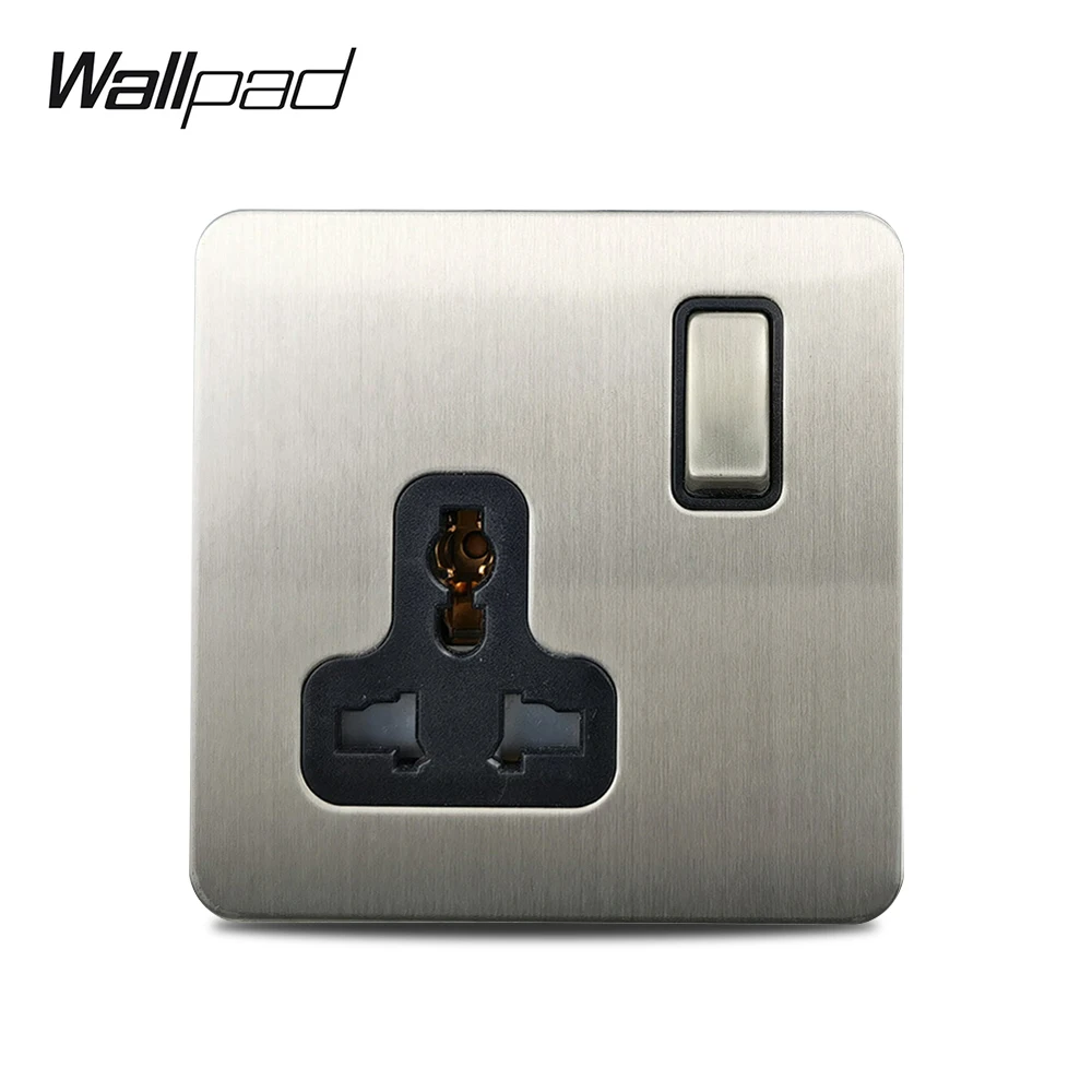 Wallpad Brushed Chrome Stainless Steel Panel UK Standard Electric Outlet 16A Universal MF Wall Power Socket