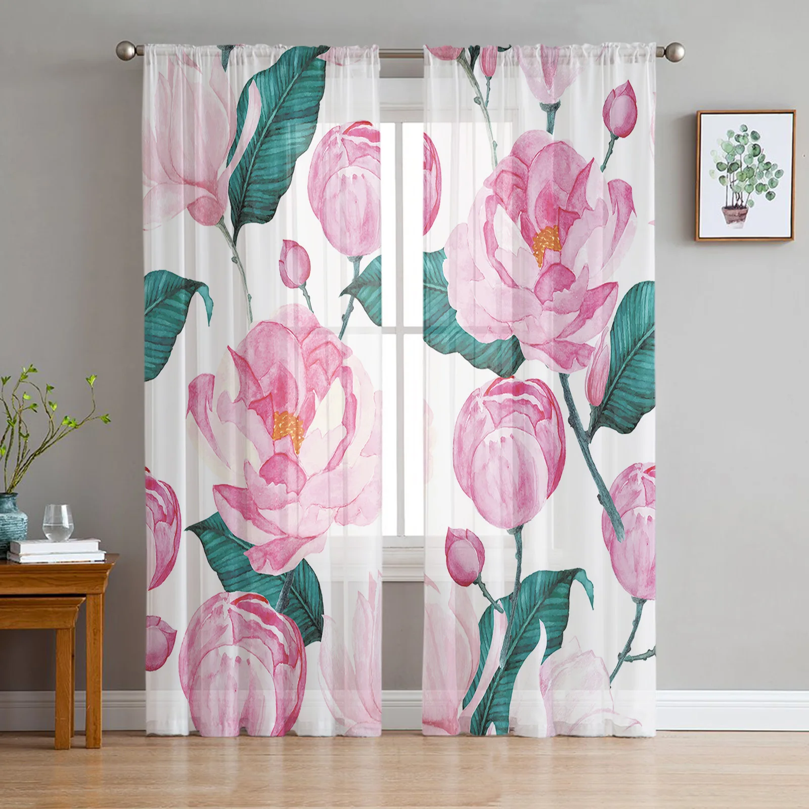 Pink Flower Spring Bloom Sheer Curtains For Living Room Window Transparent Voile Tulle Cortinas Drapes Home Decor