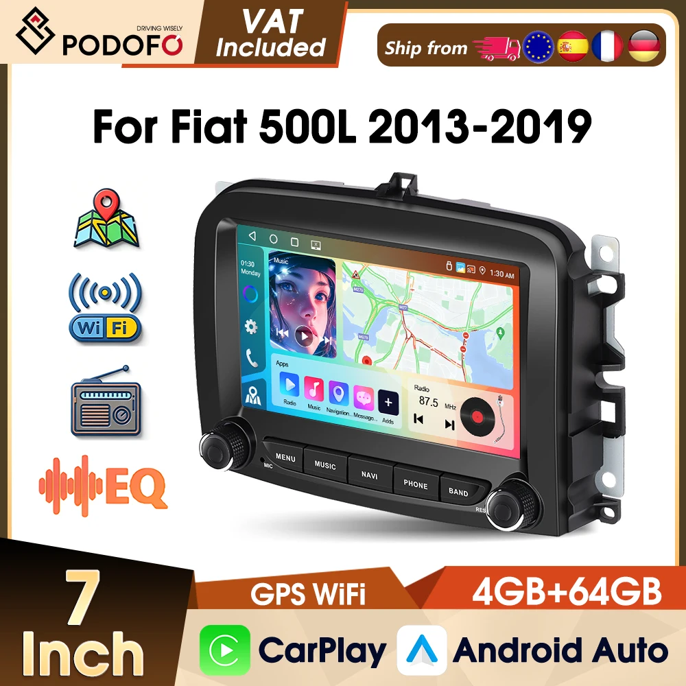 Podofo 2din 7" 4+64G Android Auto Autoradio Stereo für Fiat 500L 2013-2019 Stereo Multimedia-Videoplayer GPS CarPlay DSP SWC Autoradio