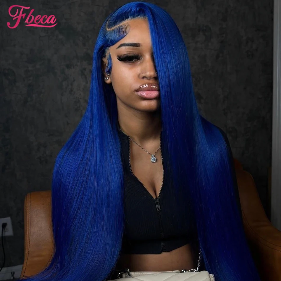

13x4 HD Transparent Lace Frontal Wig Blue Colored Brazilian Straight Lace Front Human Hair Wig for Women Pre Plucked Wigs