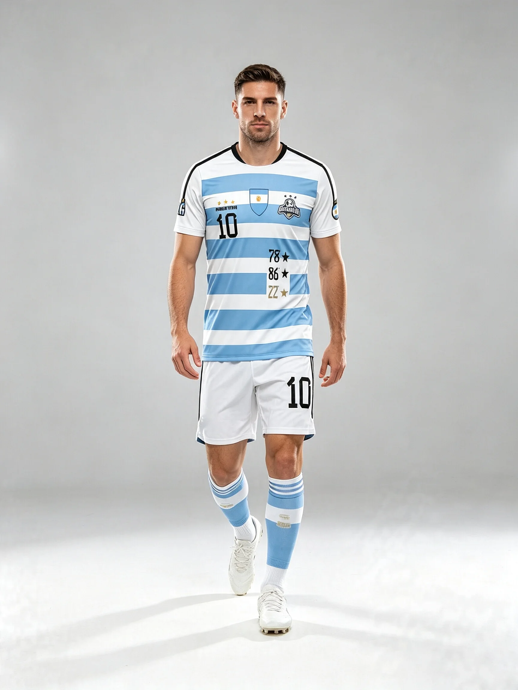 Classic light‑blue‑and‑white striped Argentina No.10 jersey adorned with chest badge and champion stars for team‑honor vibes