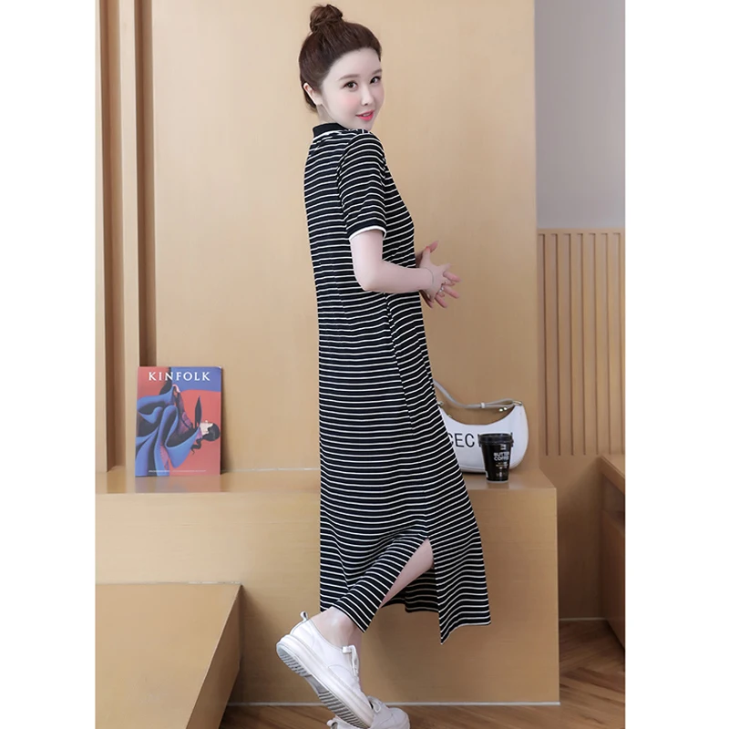 Summer Women Cotton T-shirt Dresses Female lapel Collar Short Sleeve Large Size Elegant A Line Black Stripe Below Knees Vestidos