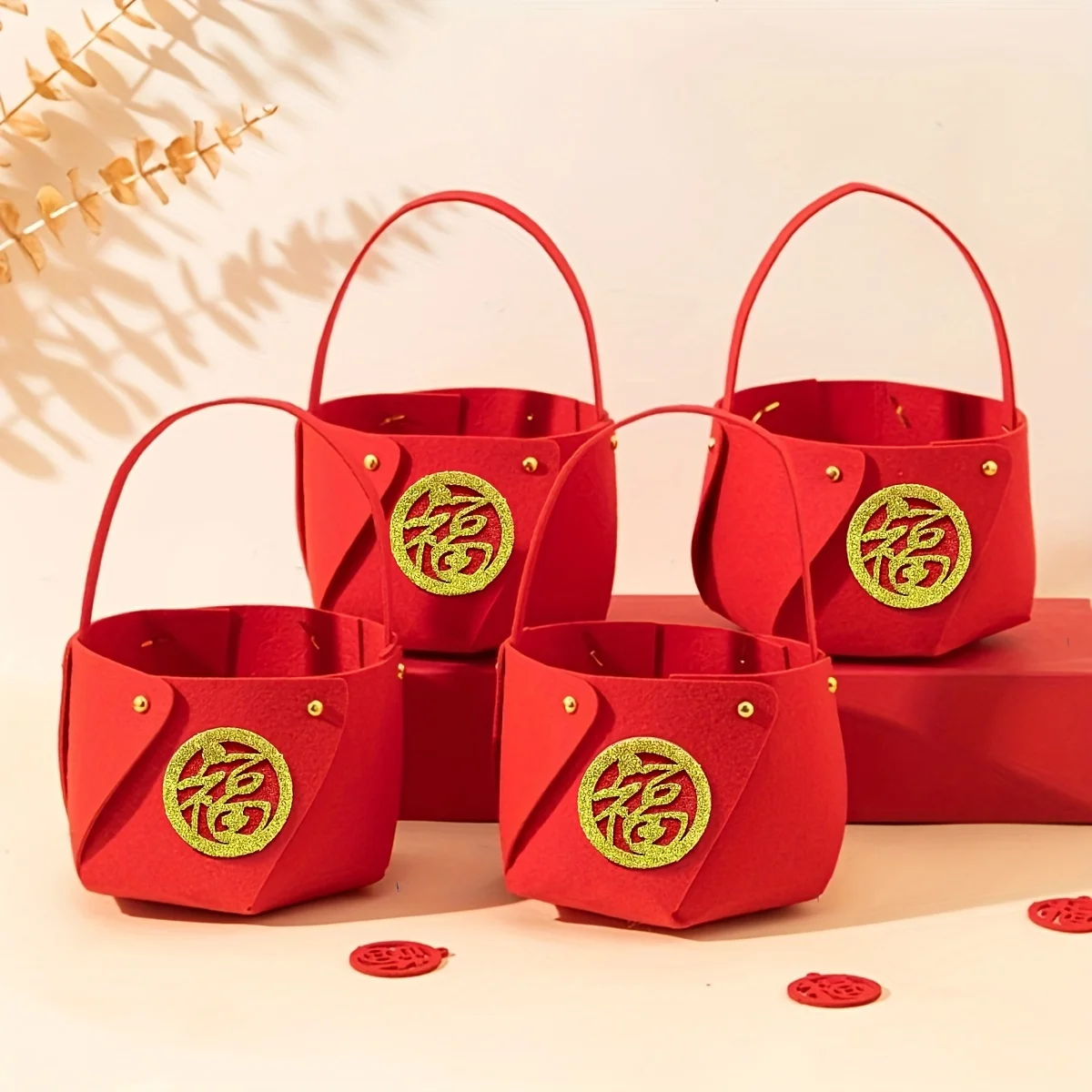 4pcs Fu Character Felt Candy Bag Chinese New Year Goodie Bag Food Storage Basket Happy Lunar New Year Decoration Holiday Decor