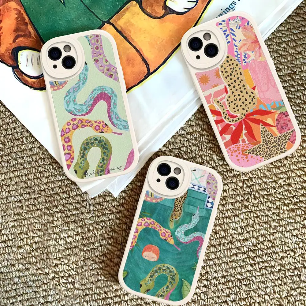 Colorful Abstract Tiger, Leopard, Snake, Tropical Jungle Phone Case For IPhone 16 15 14 11 12 13 Pro Max Plus Back Leather Shell