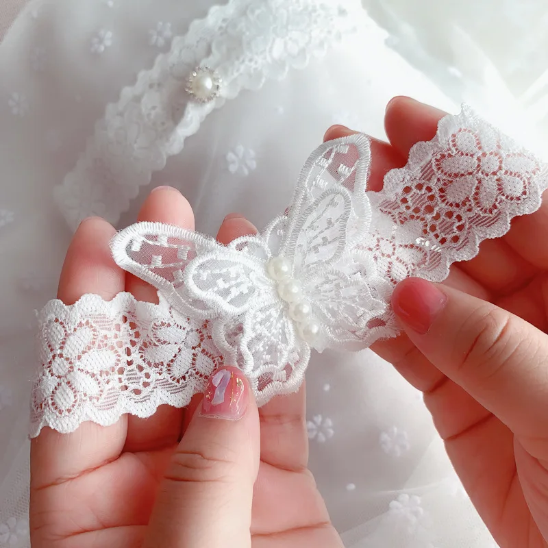 White 2 Pieces Wedding Garters  Butterfly Lace Bridal Garter  Pearls Leg Ring  for Bride