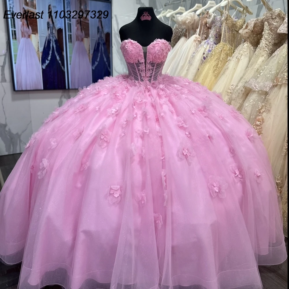 

Блестящее Лавандовое платье EVLAST для Quinceanera, бальное платье, Цветочная аппликация со стразами, блестящее милое платье для 16, 15 лет, QD1126