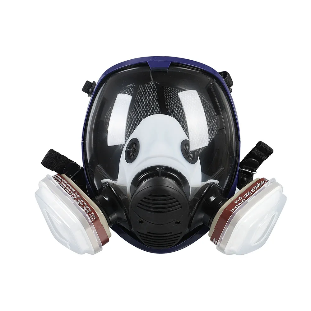 Full-face gas mask, equipped with a filter, anti-fog lenses, and capable of blocking gases, dust, steam and particles.