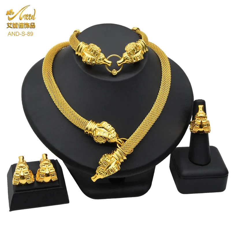 24K Gold Unique Fashion Jewelry Set Necklace Earrings Bracelet Ring Women's AU999 - Premium gold, eye-catching style, fits daily