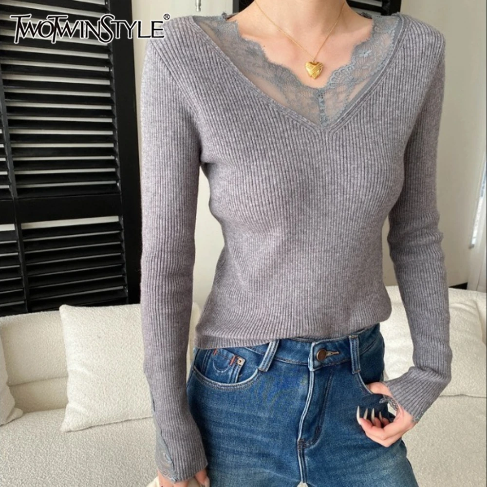 TWOTWINSTYLE Solid Spliced Lace Chic T Shirt Female V Neck Long Sleeve Slimming French Gentle Women's T Shirts Autumn Fashion