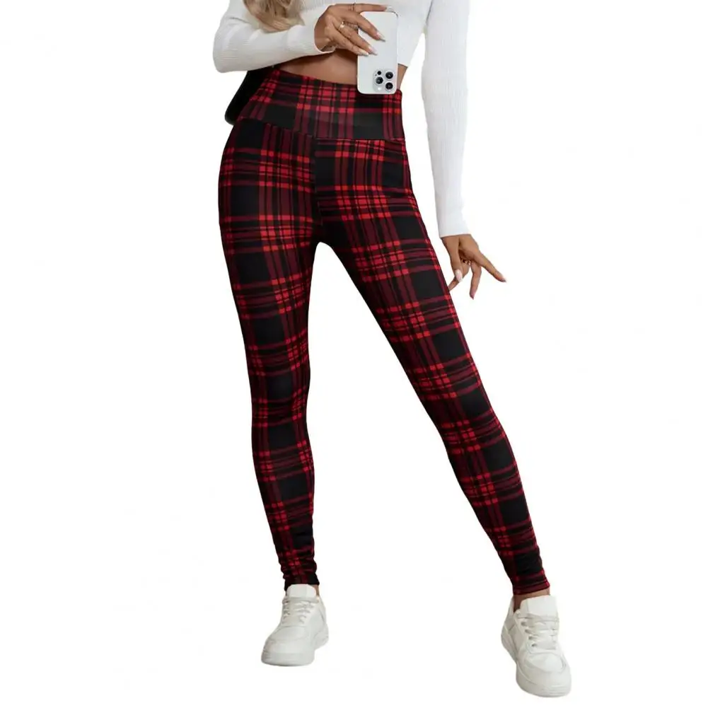 Thick Velvet Lined Pants Cozy Fleece Lined Pants Women’s High Elasticity Leggings Plaid Print Thickened Velvet Lining for Body