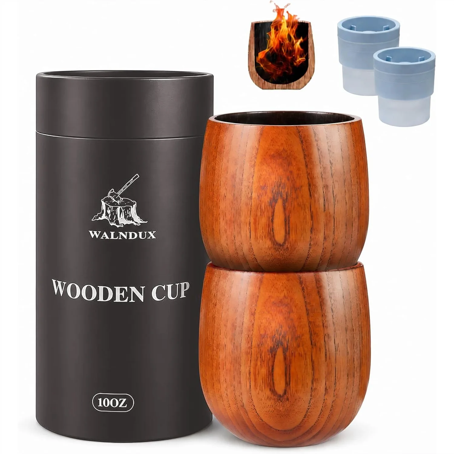 

Charred Wooden Whiskey Glasses Set of 2 with Ice Ball Molds, Bourbon Gift for Men Dad Husband, Old Fashioned Glasses for