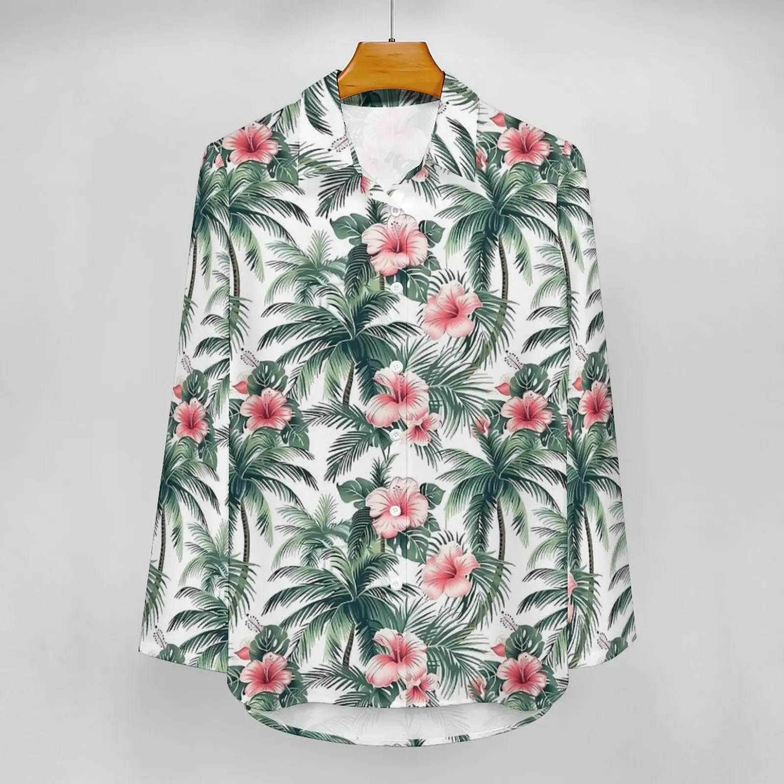 Tropical Flower Casual Blouse Hawaii Pink Hibiscus Pattern Blouses Woman Long-Sleeve Street Wear Shirts Spring Oversized Tops