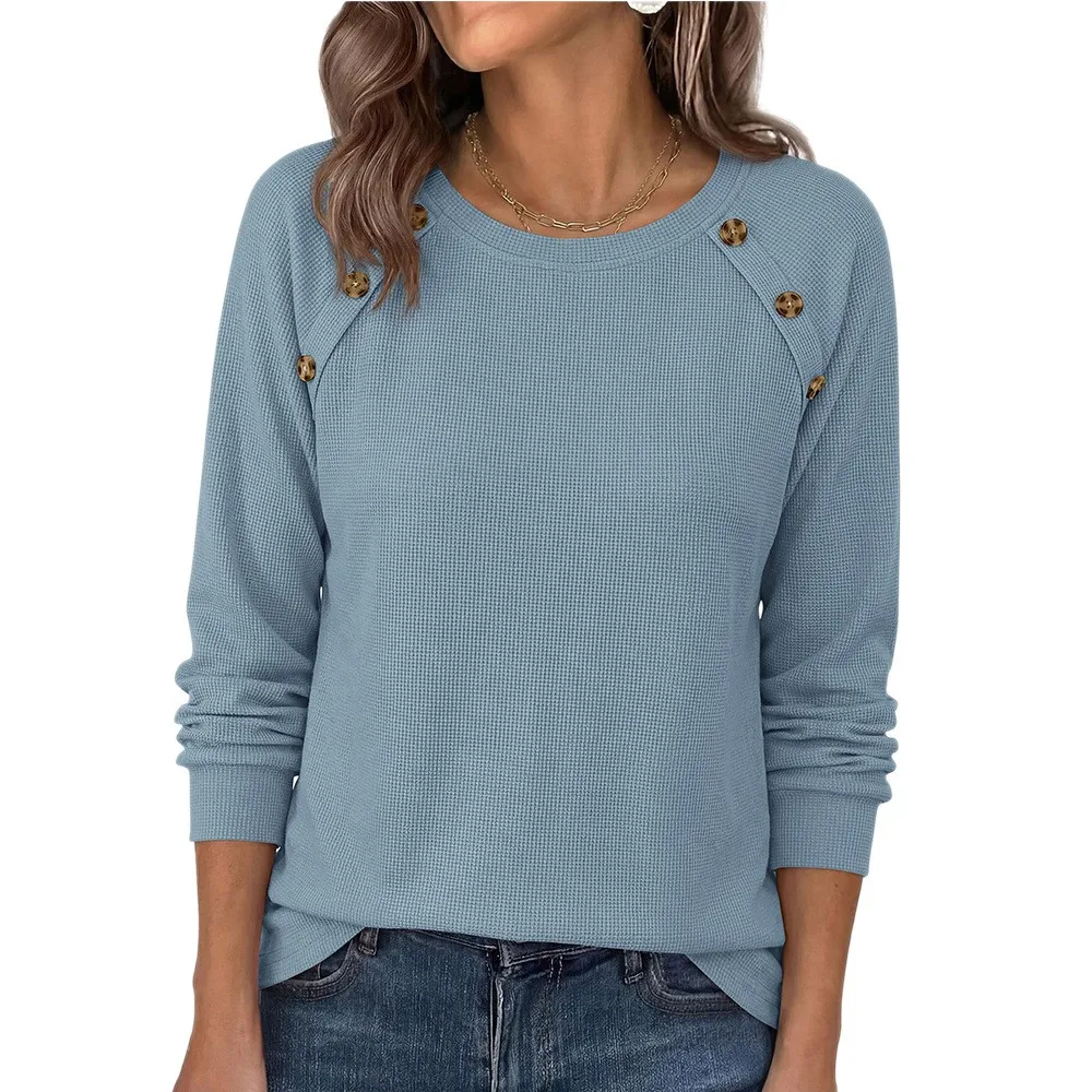 Casual Round Neck Loose Fit Streetwear Top with Raglan Sleeve Long Sleeve Button Closure T Shirts for Women Autumn Button Detail