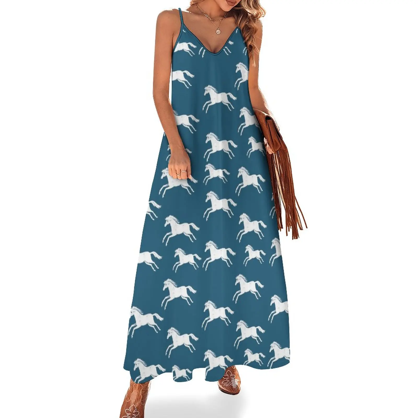 

White horses on blue Sleeveless Dress beach dress dress women summer 2024 women's summer dresses 2024 vintage