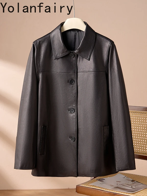 YOLANFAIRY 2025 Primavera Autunno Vera pelle di pecora Giacca di pelle genuina Donna High-end Vintage Cappotto di pelle nera Jaqueta Feminina