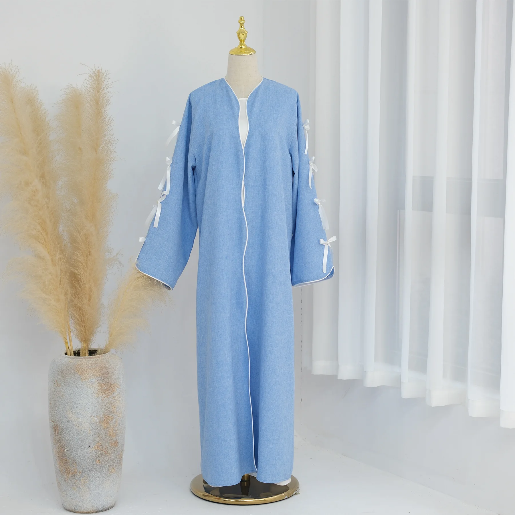 Abaya Kimono ouvert avec nœud pour femmes, Robe de dubaï modeste, turquie, Eid, Ramadan, Kaftan, manteau musulman, vêtements islamiques, Robe arabe Jalabiya