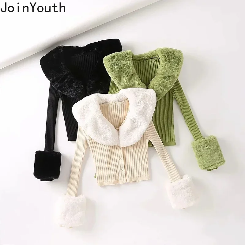 Joinyouth Cropped Cardigan Coat Pull Femme Korean Clothing Vintage Knitted Sweater Women Chic Fur Collar Temperament Sueter Tops