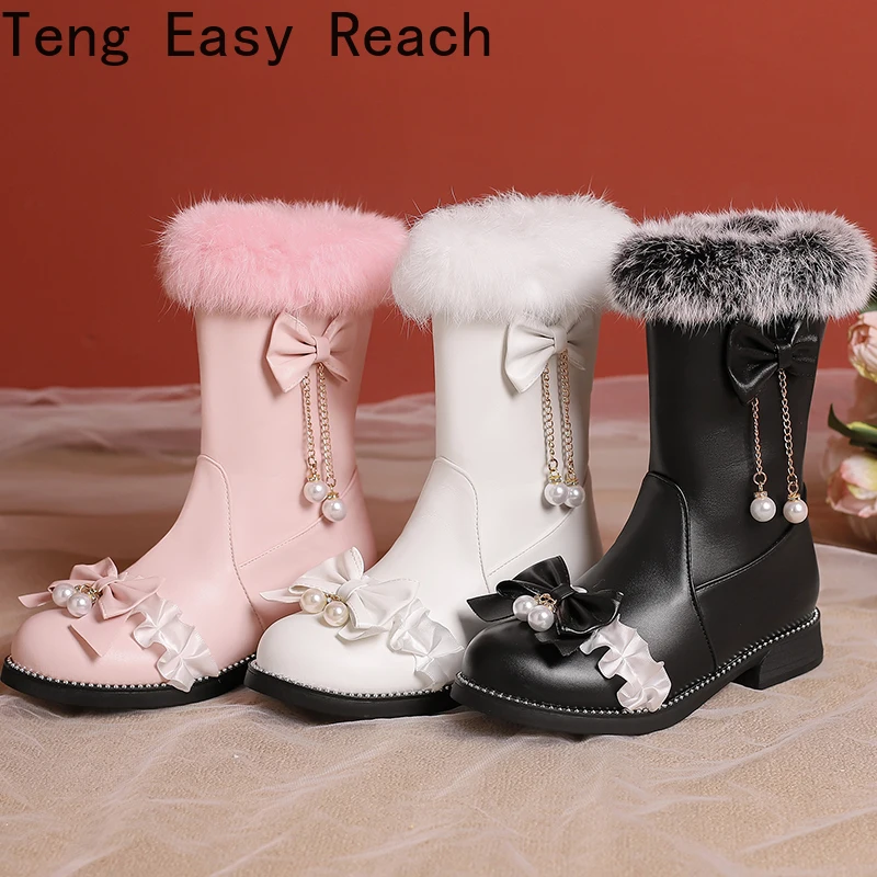 Women's Pink White Sweet Lolita Chunky Ankle Boots with Bows Harajuku Style Gothic JK Uniform Cosplay Winter Boots