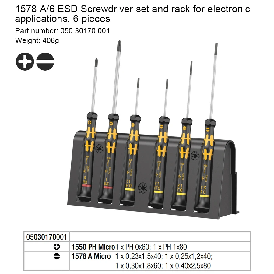 WERA 05030170001 6 PCS Precision ESD-safe Micro Screwdriver Set for Slotted and Phillips Screwdrivers 1578 A/6 Hand Tools